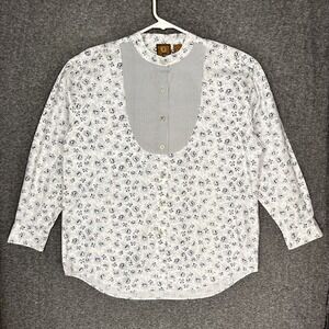 High Sierra Button up Tunic Blouse Women's Large White Floral Contrast Collar